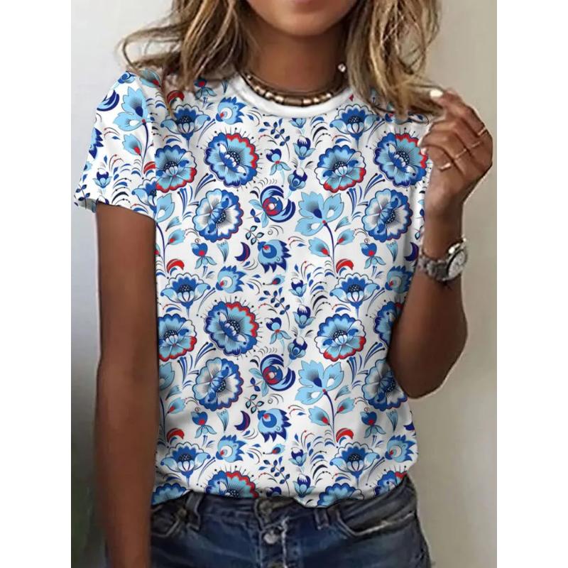 Fashion Women s Crew Neck T-Shirt 3D Color Printing Flower Short Sleeve Crew Neck Short Sleeve XS
