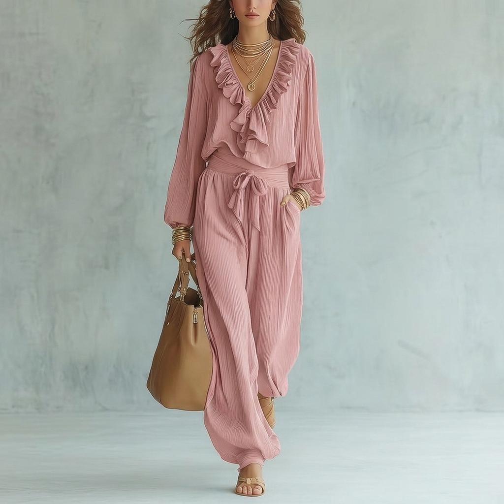 Tuta da donna con scollo a V, maniche lunghe, volant, vita alta, cintura da annodare, caviglie con polsini, per uso casual quotidiano