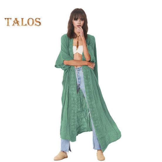 

Женский пляжный кардиган с солнцезащитным кремом и защитой от ультрафиолета, с длинными рукавами, кружевное бохо-стильное бикини, накидка, тонкая, длиной до икр, для отдыха, повседневное пальто в стиле досуга зелёный