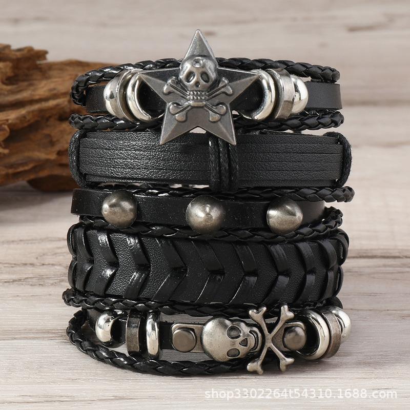 Hot Sale 5-piece Punk Style Handwoven Retro Fashion Big Pentagram Skull Alloy Accessory Leather