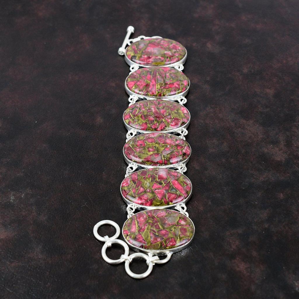 Kupfer Thulit Armband 925 Sterling Silber Armband Edelstein Handgemachter Schmuck Verstellbares Kettenarmband Geschenk für Frau Heilstein Schmuck