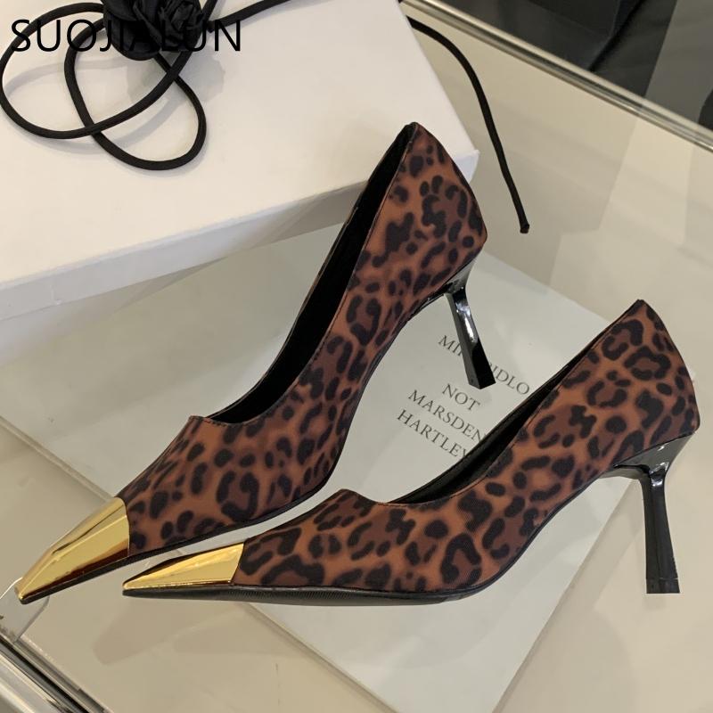 Fashion SUOJIALUN Spring New Brand Women Pumps Shoes Fashion Metal Pointed Toe Slip On Ladies Elegant Single Shoes Thin High Heel Pumps