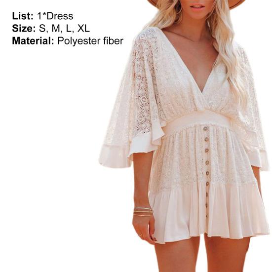 Vestido de Praia Renda Vazada Verão Crochê Babados Mini Vestido Moda Praia