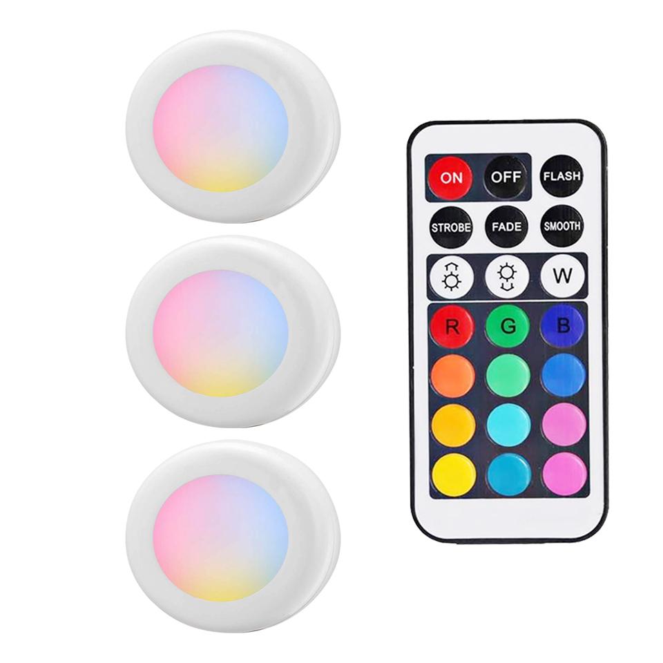Battery Powered RGB Night Light Led Under Cabinet Lamp Puck Lights with Remote For Home Wardrobe Kitchen Display Case Decoration