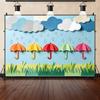 Fondo de banner con tema de gotas de lluvia y paraguas 3D, accesorios para sesión de fotos en estudio, póster de jardín de infantes, accesorios para fiesta de cumpleaños infantil