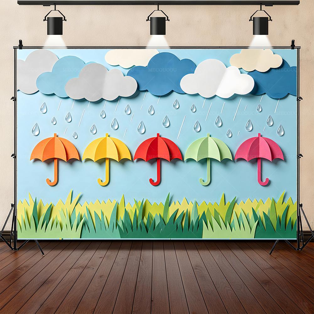 Fondo de banner con tema de gotas de lluvia y paraguas 3D, accesorios para sesión de fotos en estudio, póster de jardín de infantes, accesorios para fiesta de cumpleaños infantil