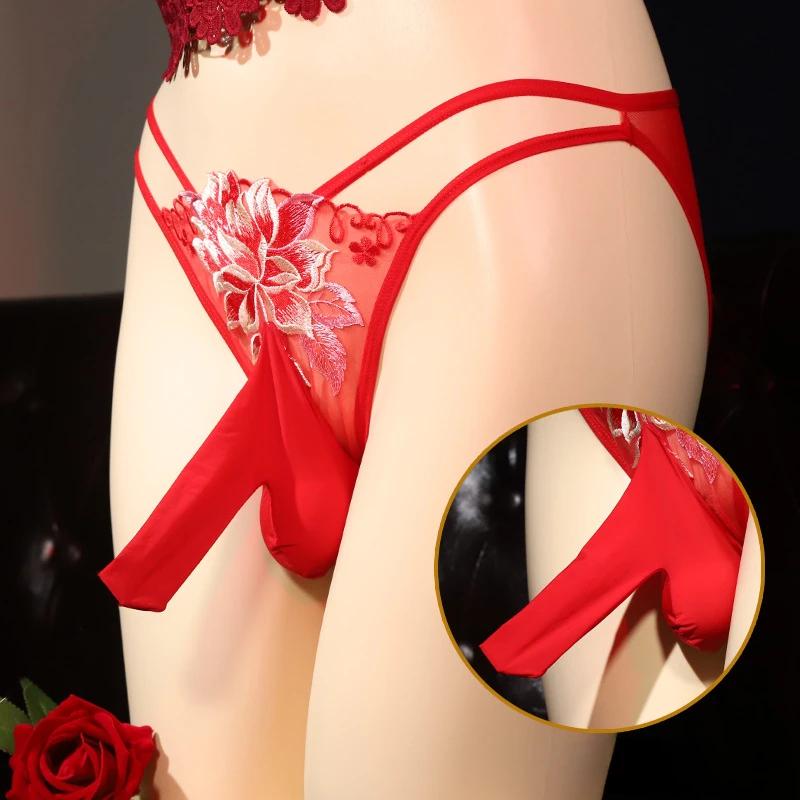 Men Sissy Pouch Panties Sheer Mesh Sheath Bullet Separation Briefs See Through Underpants Floral Embroidery Transparent Briefs