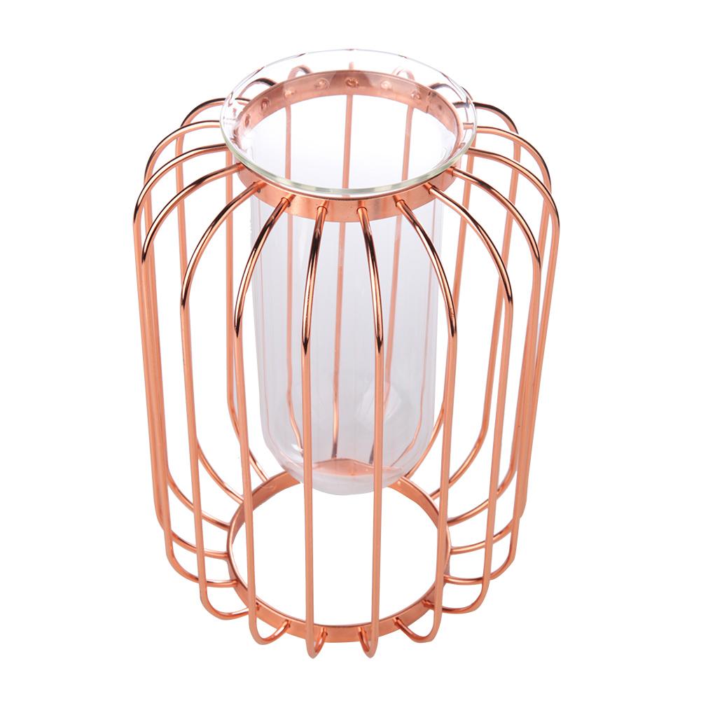 Nordic Lantern Shaped Wrought Iron Vase Glass Iron Tabletop Flower Vase(  Gold)