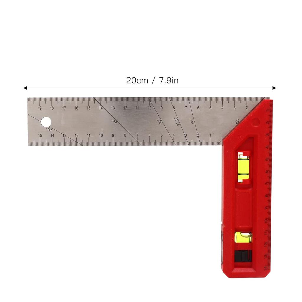 Accurate Woodworking Square, Scale Carpentry Measuring Marking Ruler Stainless Steel with Level Bubble for Marking for Carpenter(7 9in)
