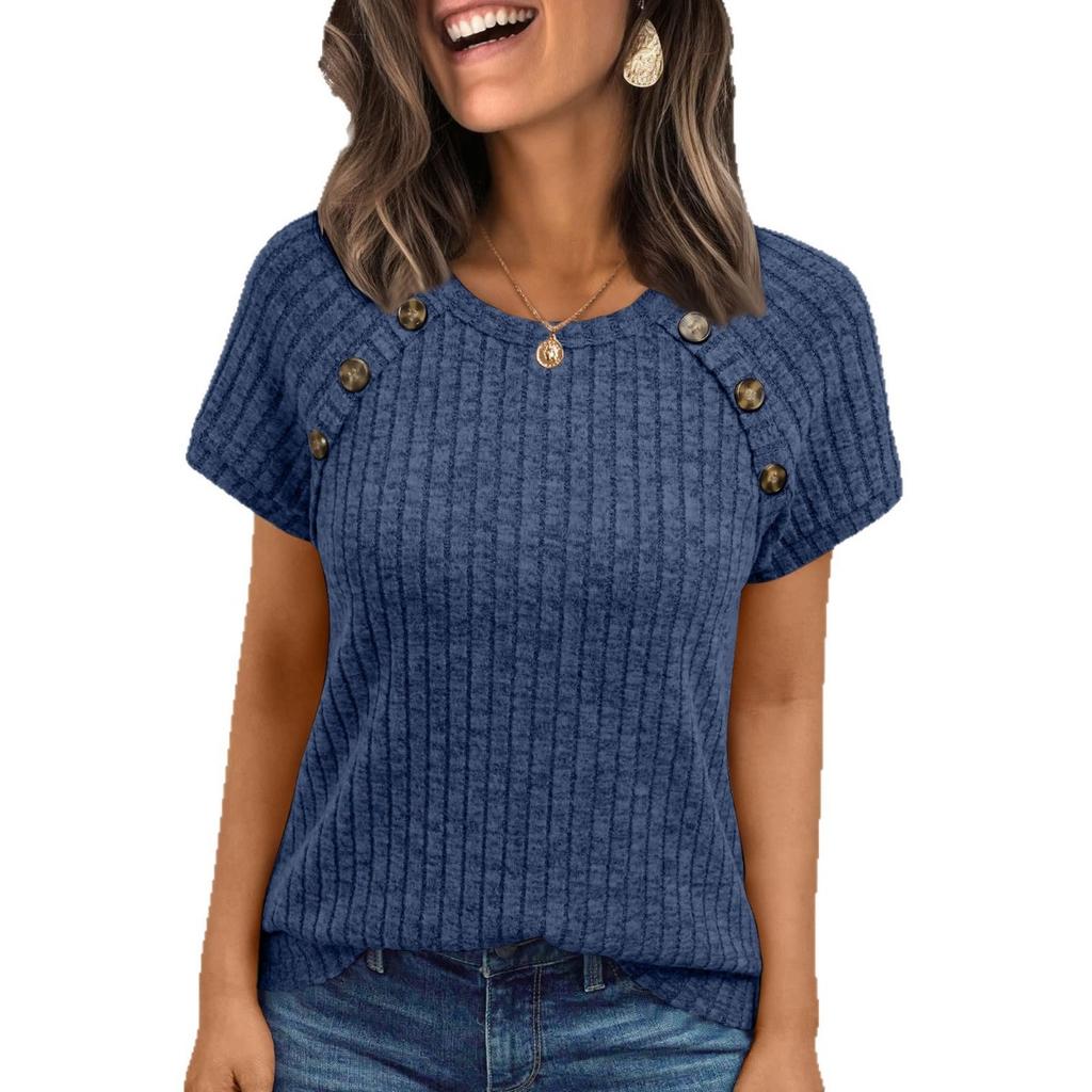 Spring Summer New Women's Knit Short Sleeve T-shirt, European American Style Crew Neck Button Design Slim Fitted Tops