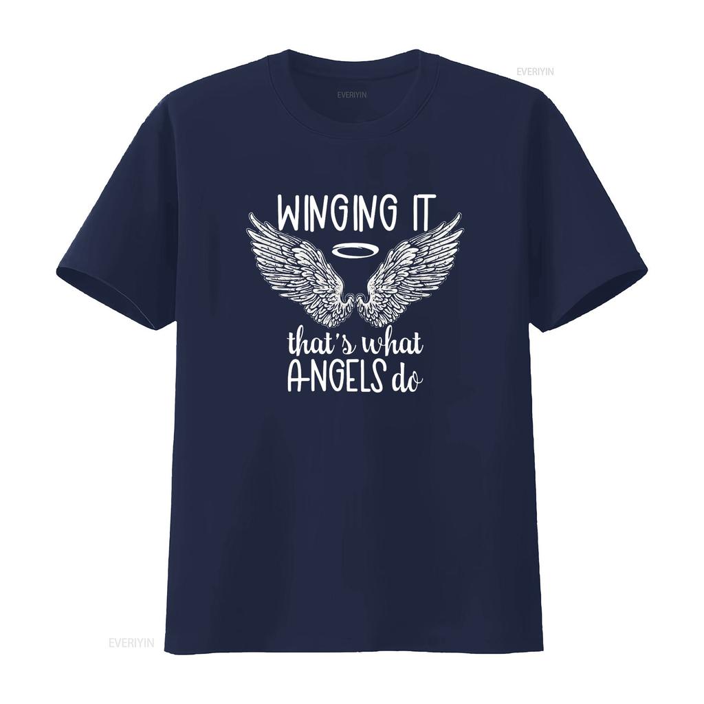 Womens Angel Wings Winging It Thats What Angels Do Spiritual Quote T Shirt Black Vintage Washed Slightly Homme Stretched