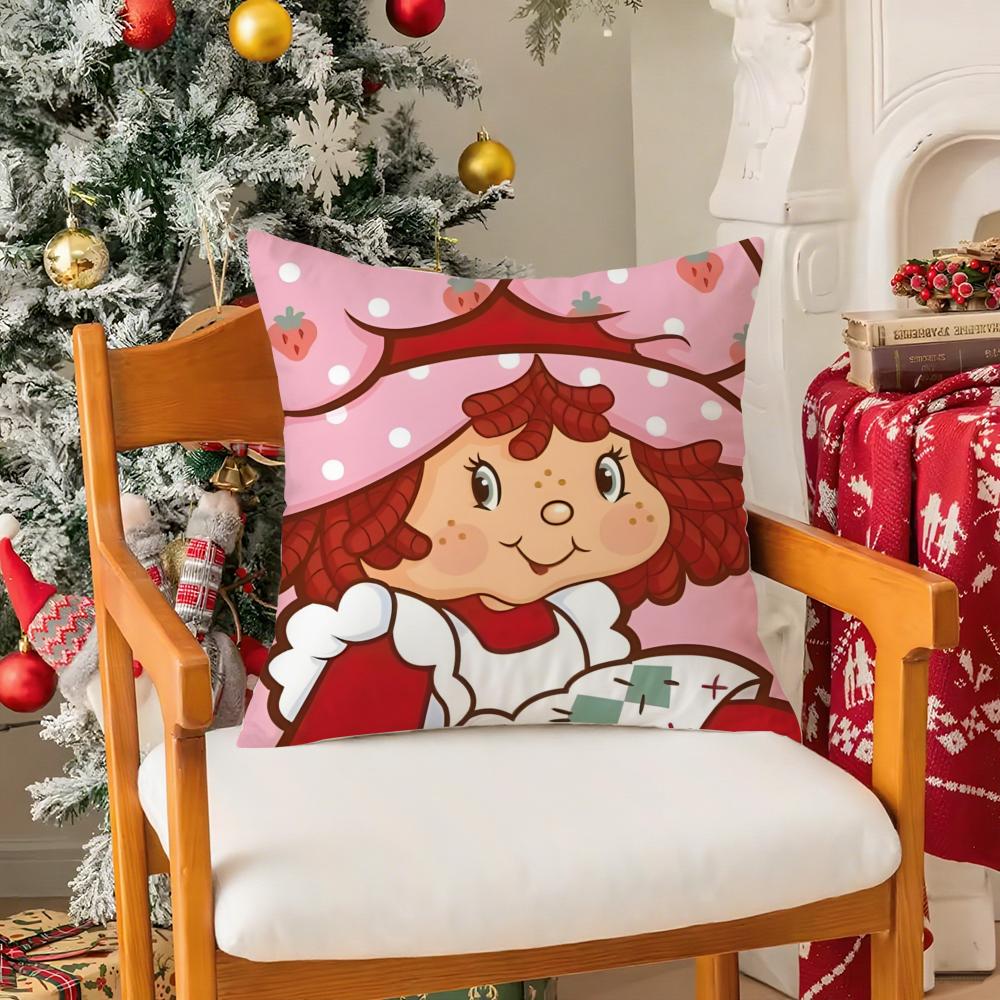 Cute Role Strawberry Shortcake-Cartoon Silky Short Plush With Invisible Zipper Dustproof Sofa Cushion Cover For Home Decor