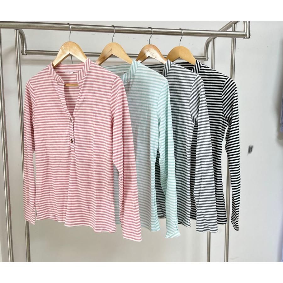 Autumn Winter Top for Women V-neck Button Striped Loose Long Sleeve T-shirt
