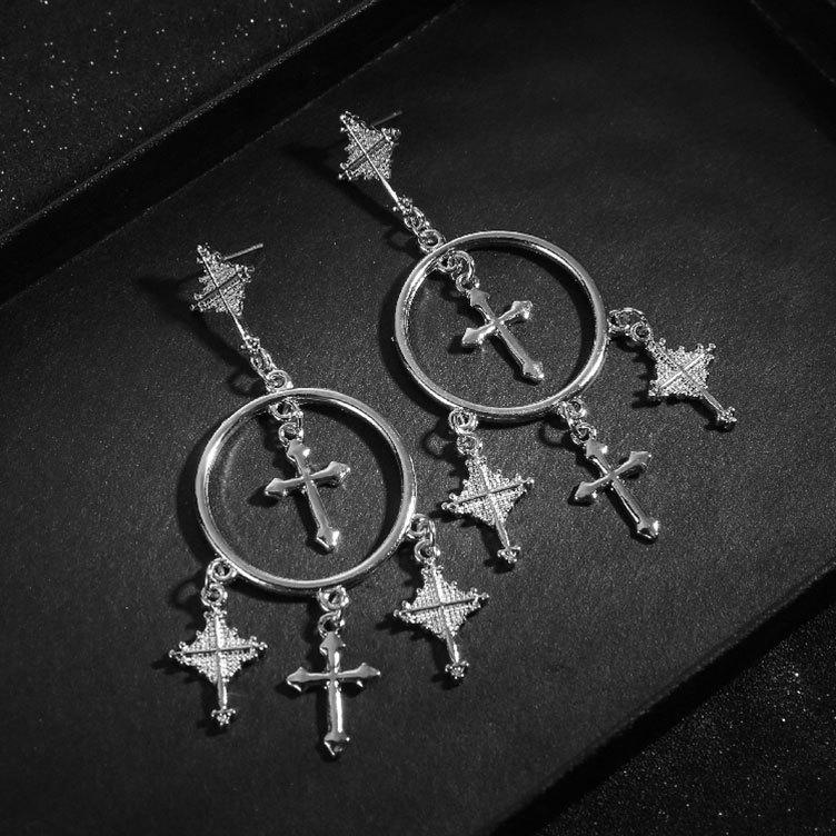 European-American Retro Cross Tassel Earrings: Alloy Carved, Exaggerated Fashion Style
