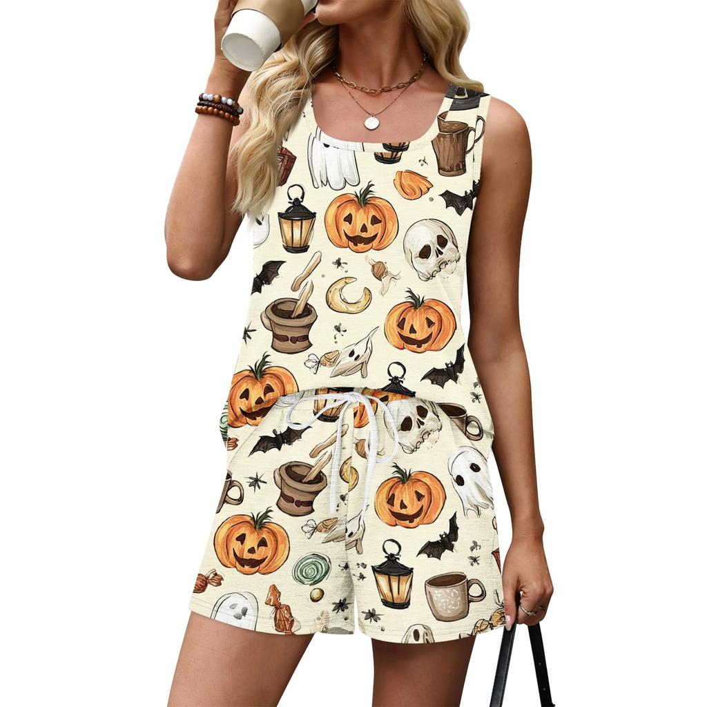 Women Summer Two Piece Set Sleeveless Tank Top with Square Neck and Casual Shorts with Pockets Lightweight Lounge Wear Set