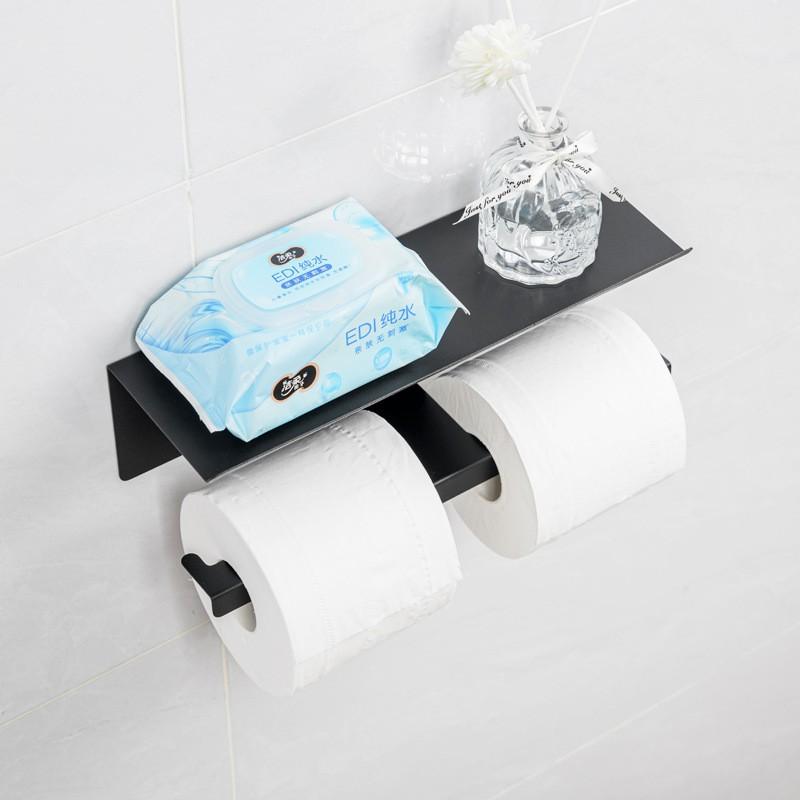 Wall Mounted Toilet Paper Holder Bathroom - No Drill Adhesive Or Screw Installation Black Metal Square Design Modern