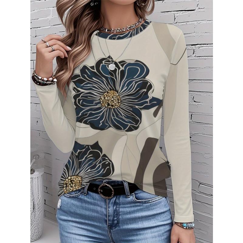 2026 New Women's Fashionable Long-Sleeved T-Shirt with Retro Floral Pattern, Perfect for Everyday Wear and Stylish Outfits
