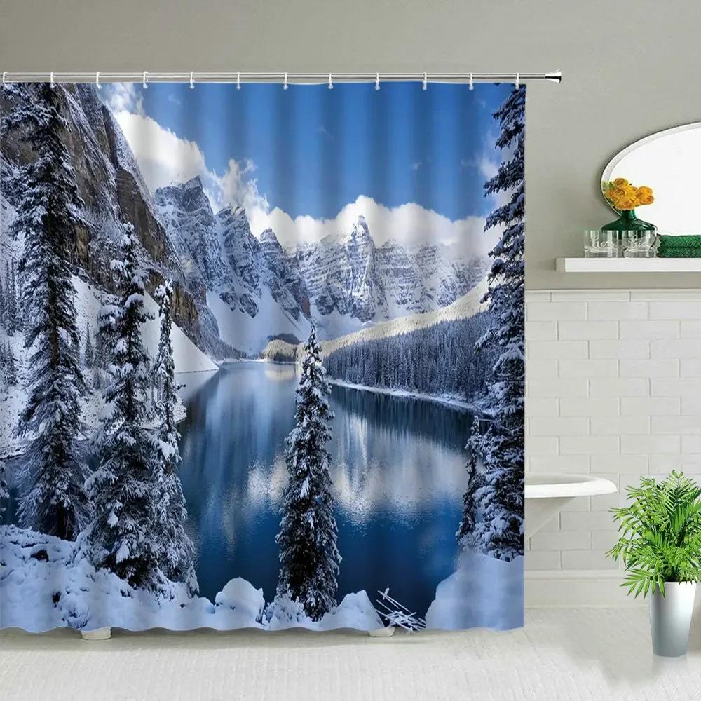 Winter Snow Scene Shower Curtains Trees Natural Scenery 3D Print Waterproof Bathroom Decor Home Bathtub Polyester Curtain Set