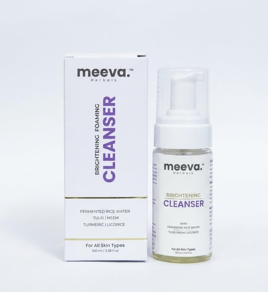 Meeva Herbals Face Wash for Oily & Acne-Prone Skin | Brightening Foaming Cleanser with Ceramides, 20% Fermented Rice Water & Ferulic Acid | Neem Tu