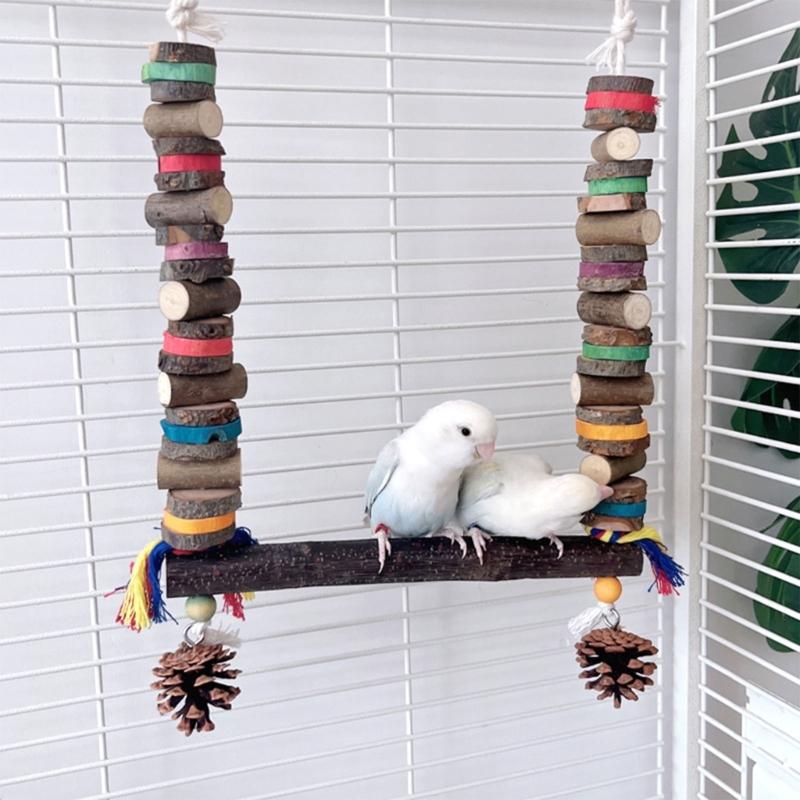 Papageienkäfig Spielzeug Naturholz Kauschaukel Bunter Vogelblock mit Tannenzapfen Für Kleine bis Große Papageien Unterhaltung