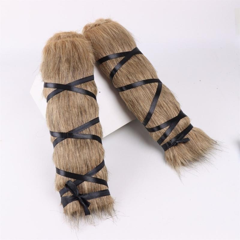 Medieval Furry Leather Leg Warmer with Adjustable Strap Medieval Leg Guard Halloween Cosplay Accessories for Men Women
