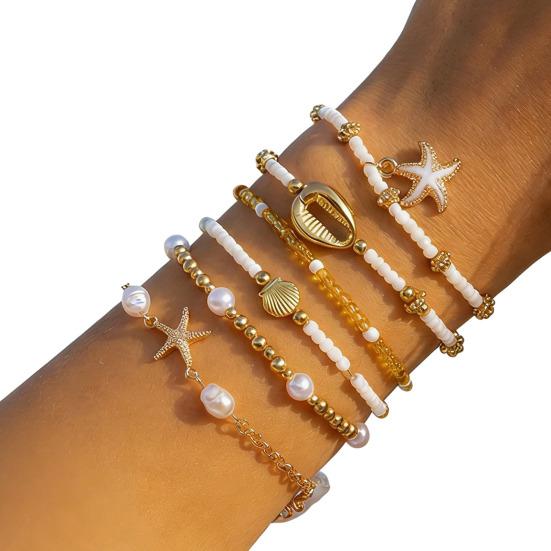 6Pcs Women Bracelet Natural Imitation Pearls Rice Beads Starfish Shell Conch Design Holiday Beach Style Bracelet