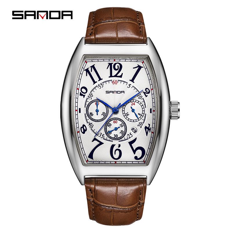Sanda Wine Barrel Shape Men s Quartz Watch – Waterproof, Korean Style with Calendar for Teens and Students
