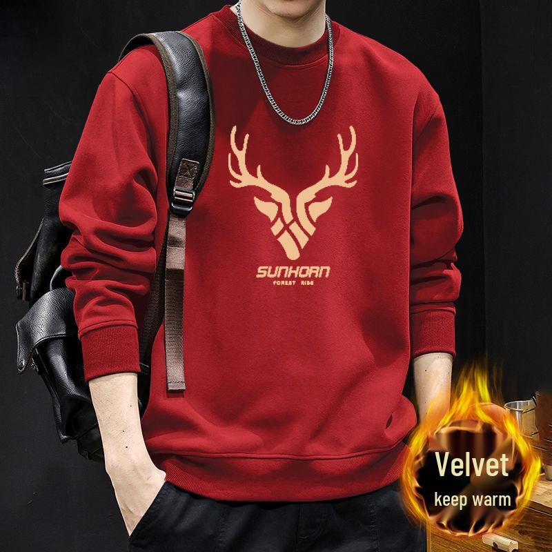 Men's Trendy Round Neck Hoodie - Plus Velvet, Autumn/Winter Style, American Brand, Perfect for Couples and Trendsetters.