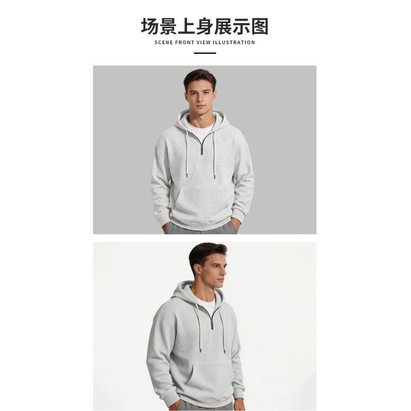 Men S Solid Color Waffle Hooded Half Zip Long Sleeve Pullover Sweatshirt