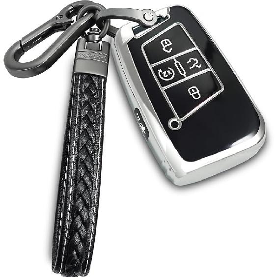 for Volkswagen key fob cover with metal/leather keychain,TPU 5 Buttons Key case,compatible with Tiguan Atlas Jetta Passat Golf Alltrack Remote smart