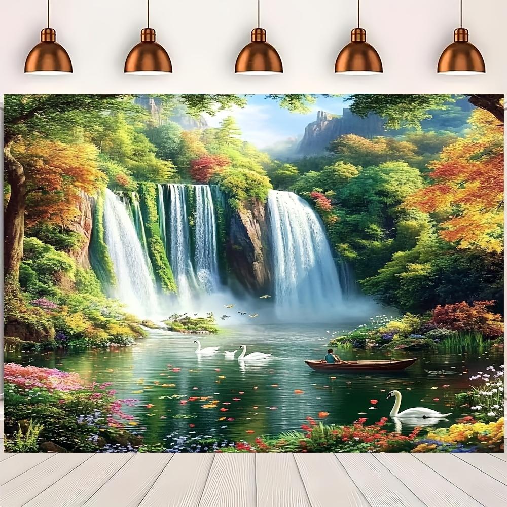 1 piece charming waterfall and lake scenery background with autumn leaves and wildlife - versatile for all occasions