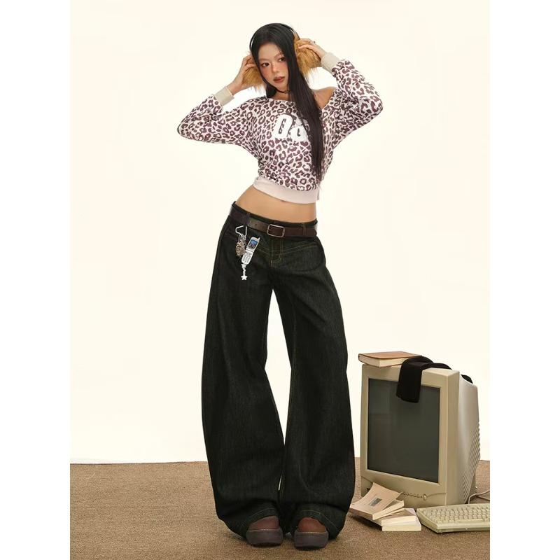 American Retro Jeans for Women Casual Floor Length Baggy Wide-leg Trousers Harajuku High Waist Denim Pants