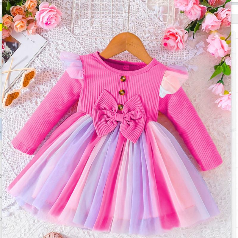 Spring and Autumn New Ribbed Long Sleeve Dress Fashionable Sweet Bow Mesh Princess Dress