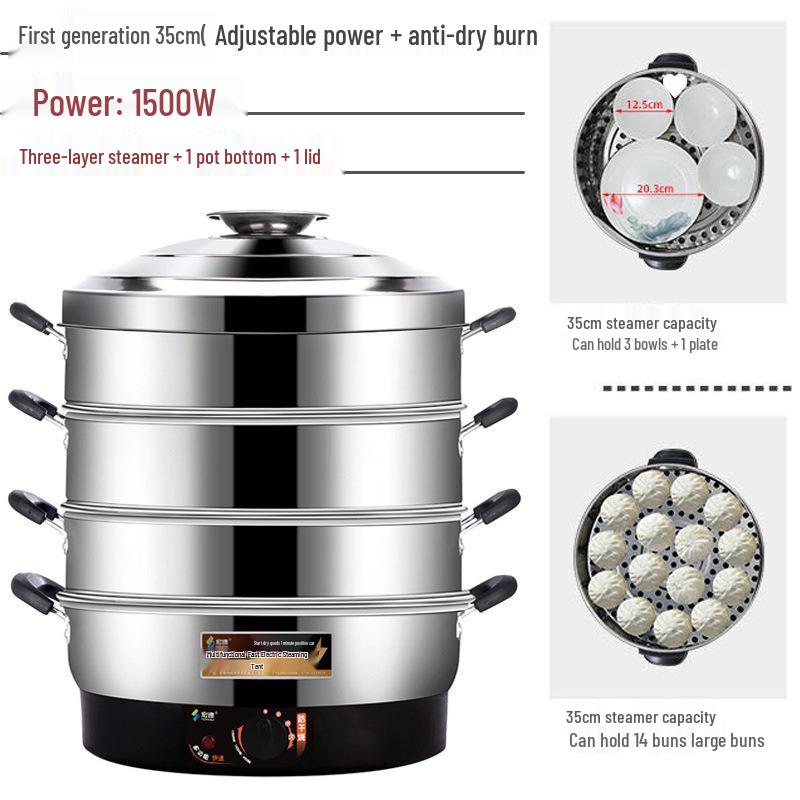 52cm Multifunctional Electric Steamer with Auto Shut-off, Keep Warm Feature, Stainless Steel, Three Layers