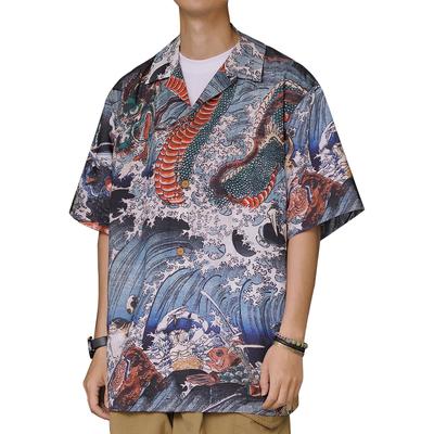 2024SS Mode Sommerkleidung Stil Offener Kragen Lässig Locker Kurzarm Druck Lyocell Drachenmuster Aloha-Hemd [GUT WECHSELN] Herren [Japanisch
