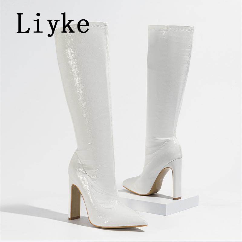 

Модные Liyke Осенне-зимние ботфорты женские черные кожаные с принтом змеиным, с острым носком, для вечеринок, стриптизерские на высоком каблуке, на молнии, длинные, женские 35 белый