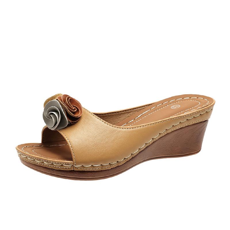 Flower color matching thick-soled one-word slippers women's outer wear wedge heel light solid color cool slippers