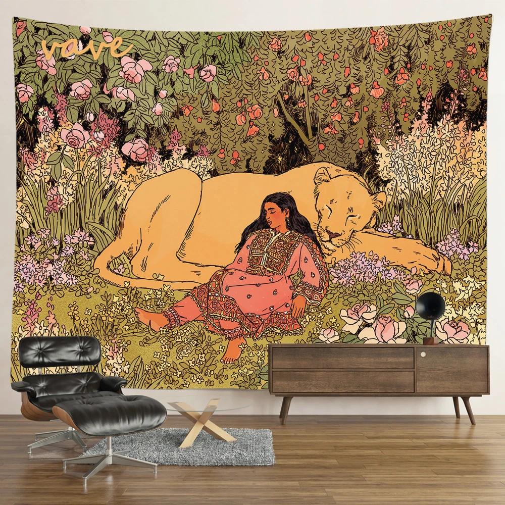 Hippie Psychedelischer Tiger Wandteppich, Wandbehang, Boho Zimmerdeko, Ästhetisch, Mysteriöse Blume, Dschungel Mondlandschaft, Wald