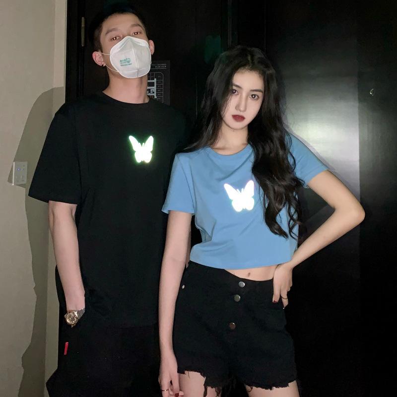 New Summer Internet Celebrity Couple Outfit Reflective Butterfly Short-sleeved T-shirt for Women Short-sleeved Students