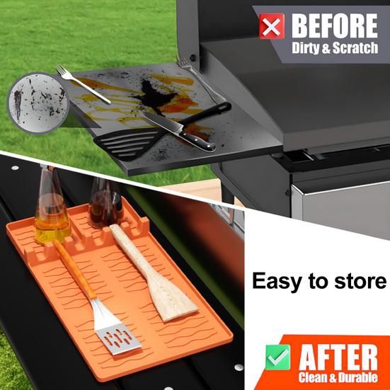 Silicone Grill Mat Heat-Resistant Multi-Slot Tool Organizer for BBQ Grilling Non-Slip Food-Grade Side Shelf Pad with Grease Drip Tray Dishwasher Safe