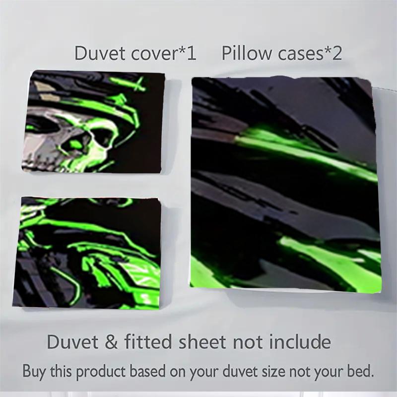 3pcs Neon Green Skull Military Uniform Home Bedding Set-Universal Three-Piece Suit for Bedroom, Guest Room, Living Room, Hotel-Perfect Gift
