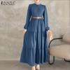 ZANZEA Muslim Women Round Neck Loose Casual Long Sleeve Dress