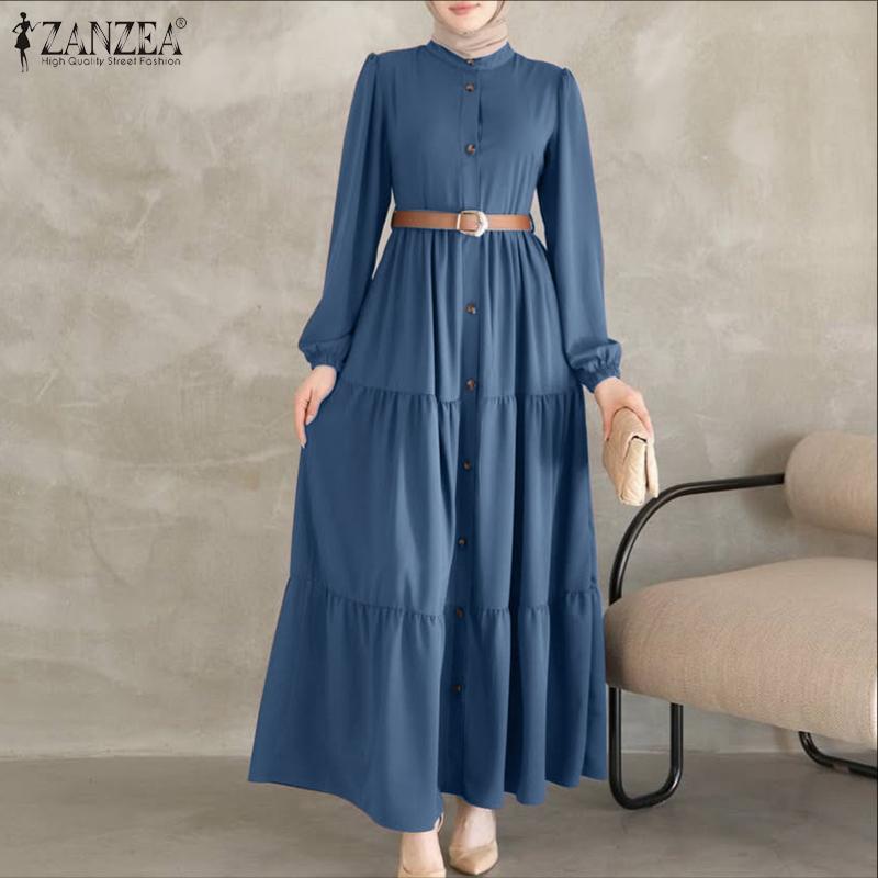 ZANZEA Muslim Women Round Neck Loose Casual Long Sleeve Dress
