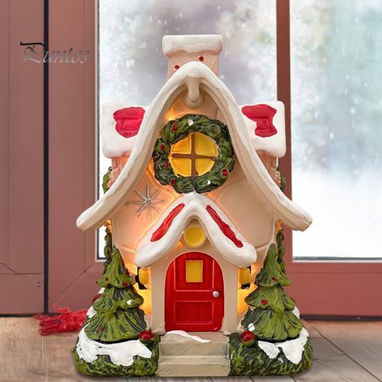 Red Door Holiday Decoration Mini Christmas House Figurine Small Resin Snowy Village Statue with Snow-covered Roof Decor Wreath And Pine Trees