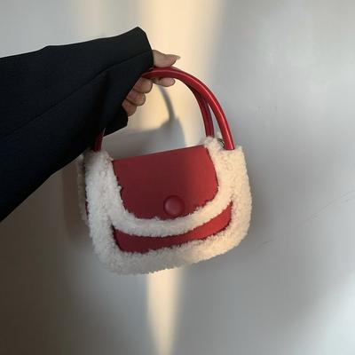 Borsa a Tracolla Piccola con Patchwork di Pelliccia d'Agnello per Donna per il Nuovo Anno Borsa Quadrata Rossa Portatile Versatile Borsa a Sella Ins