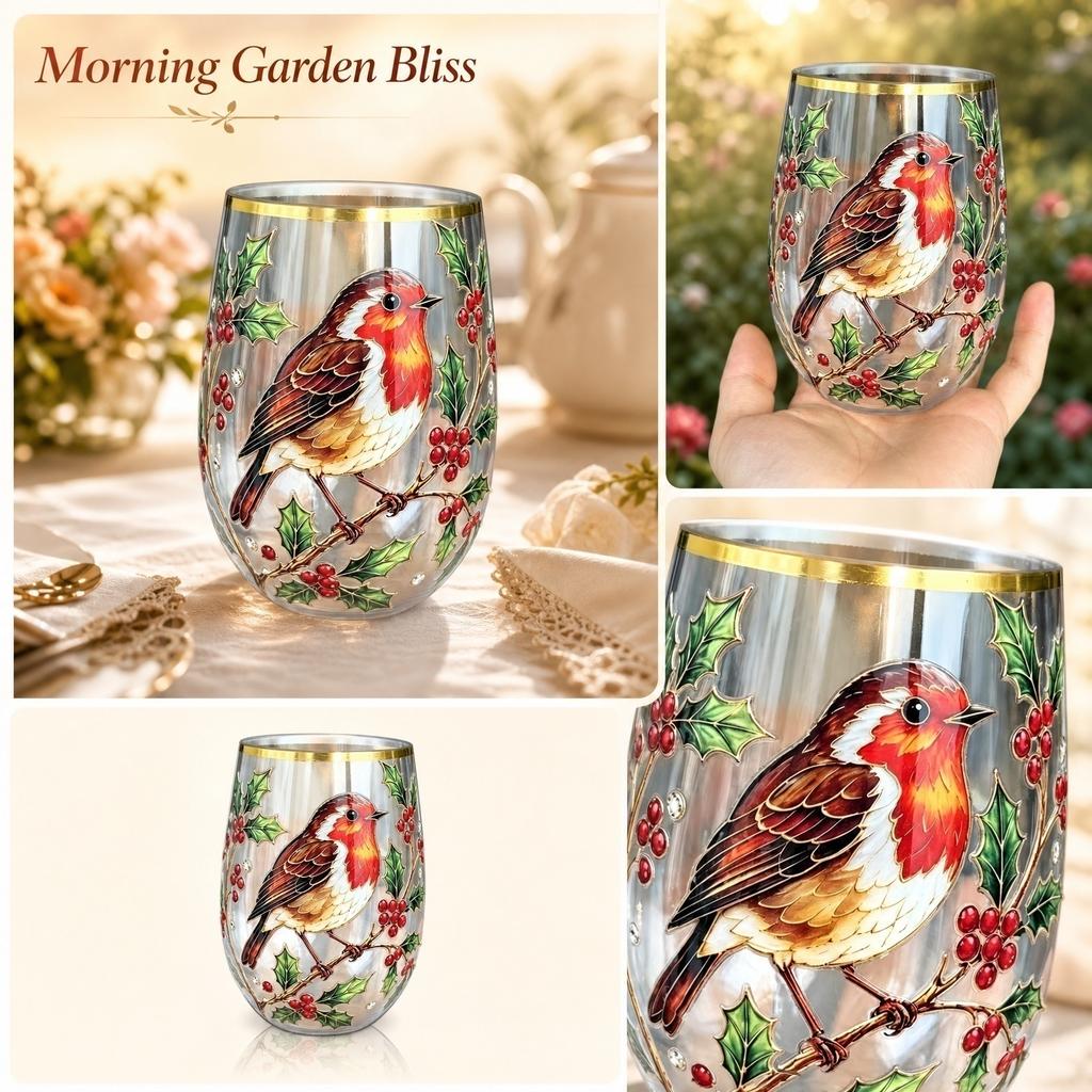 Glass Tea Cup with Bird and Botanical Print Stemless Design Thickened Construction for Hot and Cold Beverages Home Office Use
