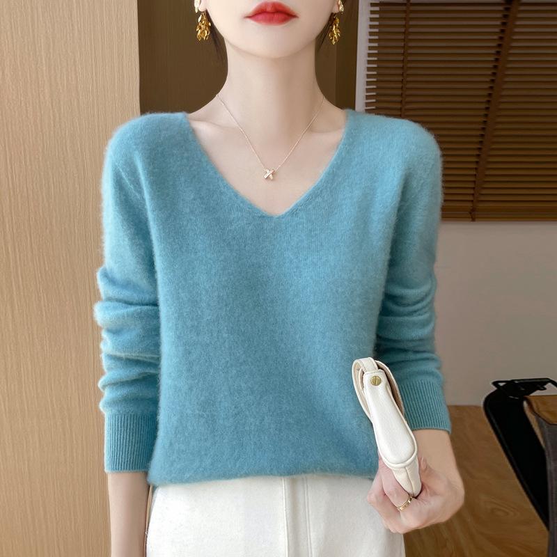 Wool sweater women s autumn and winter new V-neck sweater loose pullover long-sleeved wool knitted bottoming sweater pink M 3980₽