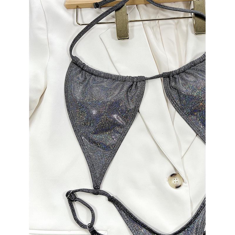 Europäischer & Amerikanischer Bestseller Damen Sexy Glänzend Einfarbig Neckholder Bikini Badeanzug