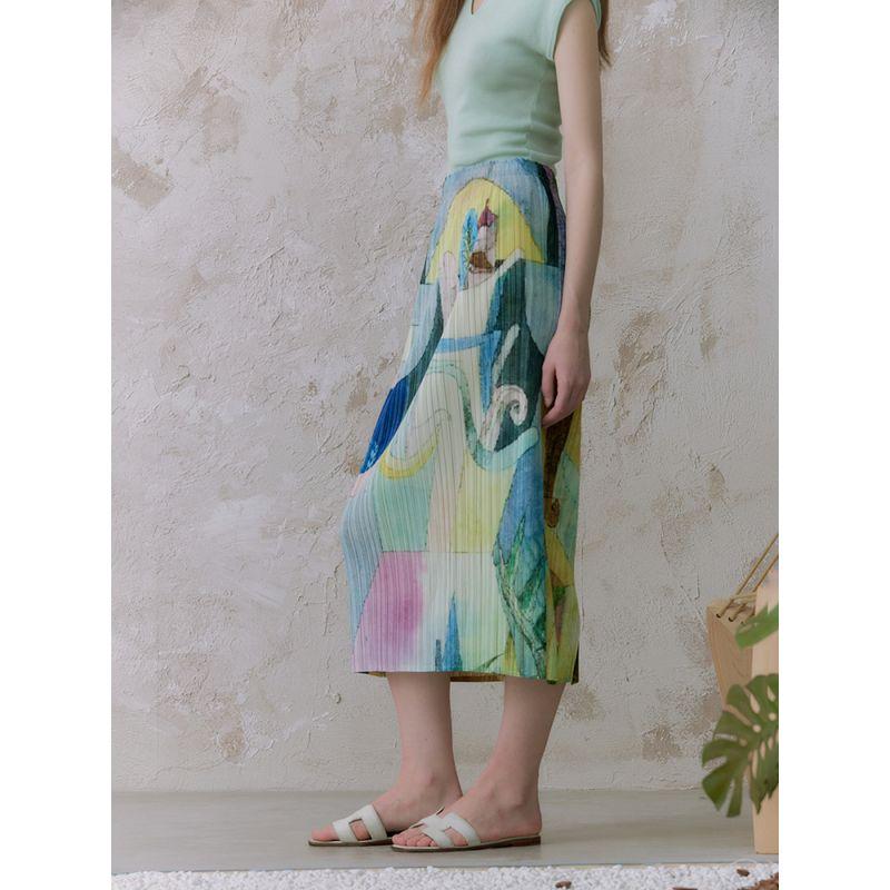 Aozhi State Artistic Sense Abstract Pattern Print Back Slit Pleat Skirt Elastic Waist Straight Midi Dress SW