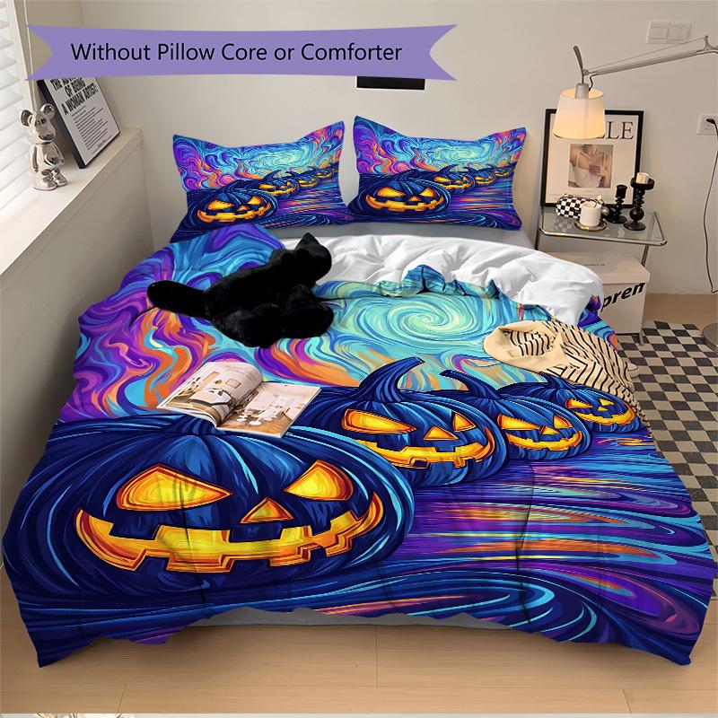 3pcs Halloween Pumpkins Bedding Set - 1 Duvet Cover + 2 Pillowcases(Core Not Included), Machine Washable Polyester yy251216170